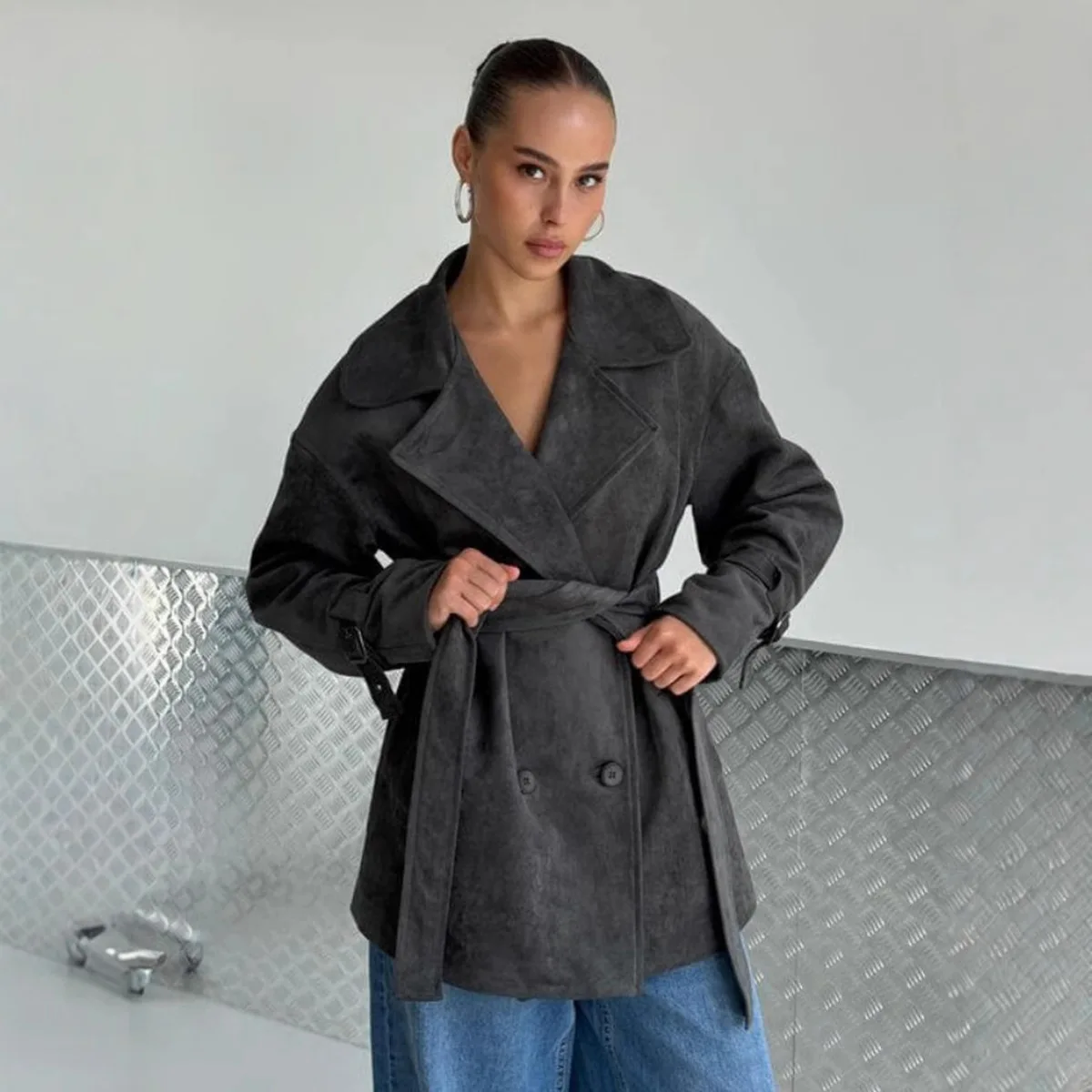 Veste en daim Vintage manteau 2025 automne hiver nouveau col rabattu cravate taille manteau