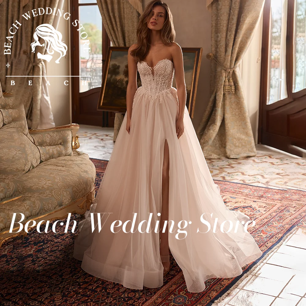 ビーチ恋人モダンノースリーブチュールストラップレスバックレスレースブライダルドレスハイスリット 2025 Vestidos デノビアカスタマイズ