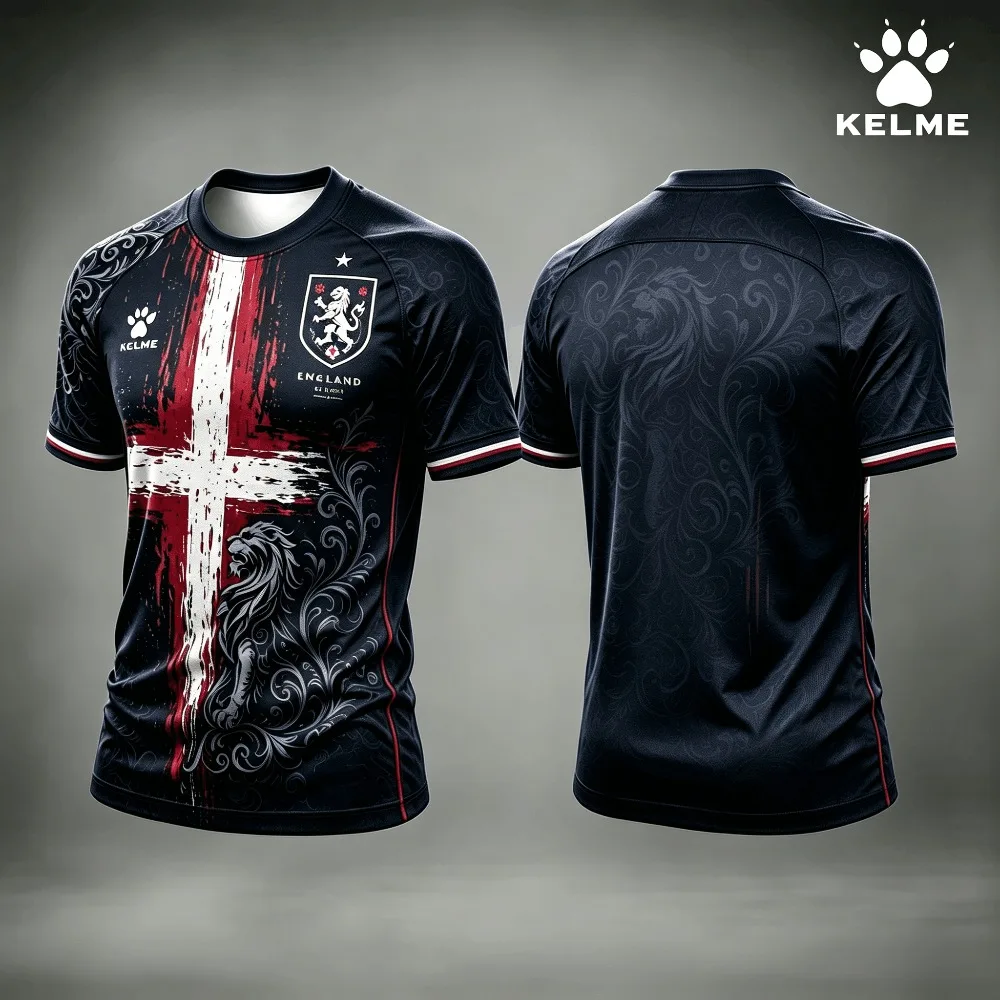 KELME England Summer Men's Football Jersey Vintage Lion Cross 3D Print Breathable T-shirt Casual Fashion Sports T-Shirt Fan Gift