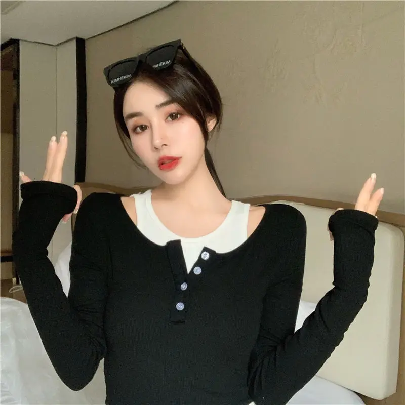 T-shirts Women Inside Fake Two Pieces Stylish Retro Crops Sexy Ladies Harajuku Casual Spring Fall Ulzzang Student Elegant Ropa