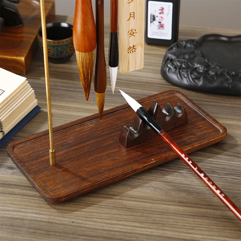 Brass Chinese Brush Pen Holder with Sour Branch Wood Base Calligraphy Rest Ink Hanger 10 Needles Writing Brush Holder