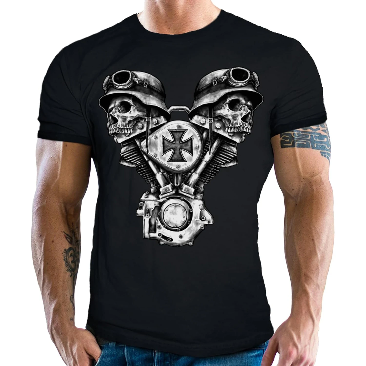 Retro Riders Skulls Iron Cross V-Twin Engine Garage Motorcyclist T-Shirt 100% Cotton O-Neck Short Sleeve Casual Mens T-shirt