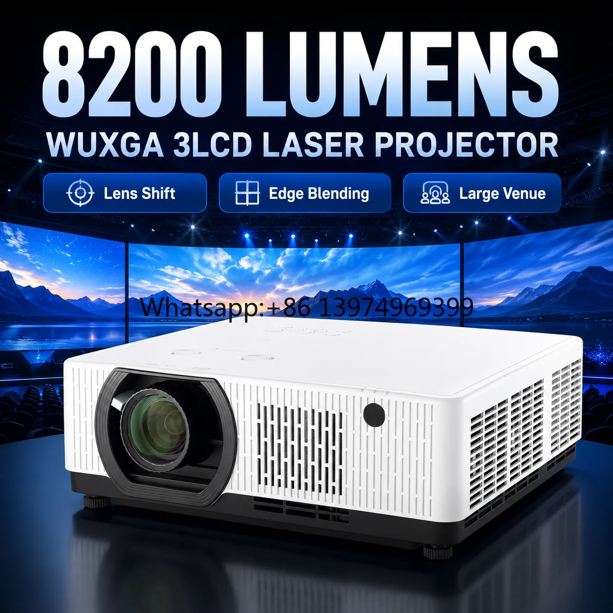 8200 Lumens WUXGA 3LCD Laser Projector with Lens Shift Edge Blending for Large Venue Installation