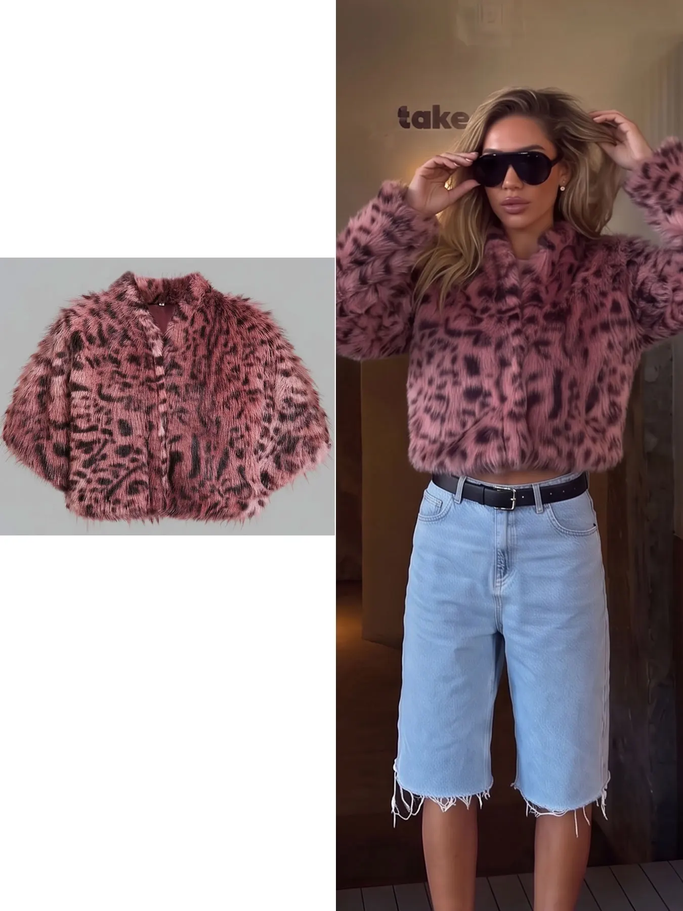 HH Womens Leopard Shaggy Faux Fur Cropped Jacket Stand Collar Snap Button Long Sleeve Causal Winter Fashion Vacation Loose Coat