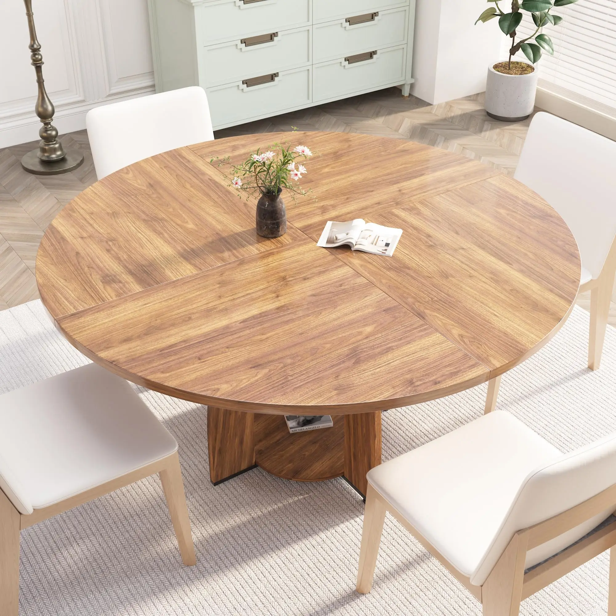 Runder Esstisch, 47 Zoll, modernes Design, Holz, runder Küchentisch mit Ablagefach und verstellbaren Füßen, einfache Montage und Reinigung, geeignet für Esszimmer, Wohnzimmer und Apartments.