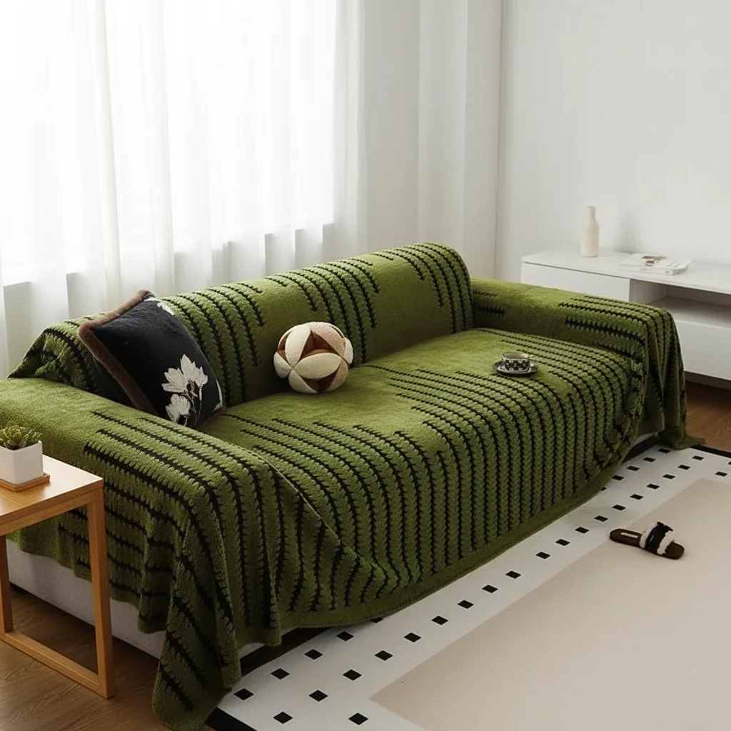 

Grass Green Black Striped Sofa Towel Retro And Simple Bohemian Style One-Piece Sofa Cover Cloth Living Room Home Decor
