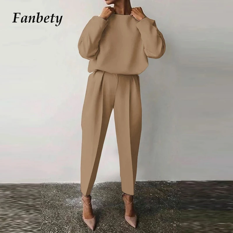 Women Elegant Solid Color 2 Piece Sets Casual O Neck Pullover Tops And Long Pants Suit Ladies Fashion Loose Outfits Streetwear