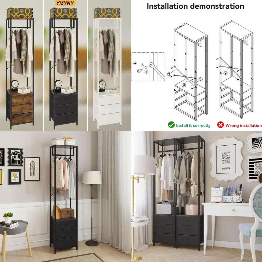 

Отдельно стоящий высокий органайзер для шкафа с 3 тканевыми ящиками для подвешивания рубашек, пальто, 15,35x11,41x70,47, черный