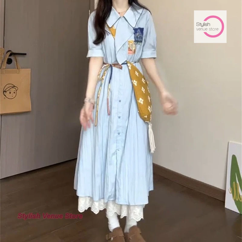 Pittura a inchiostro retrò letteraria francese Polo collo a vita alta abito blu gonna a camicia lunga stile college moda estiva da donna