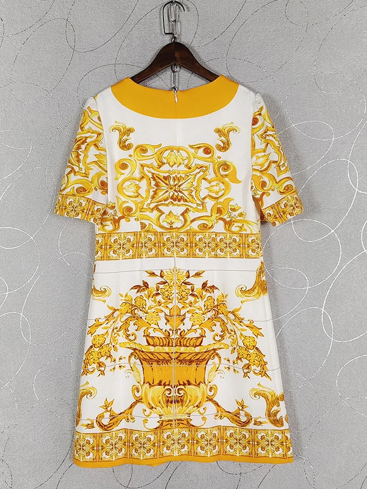 AELESEEN Sicilian Summer Mini Dress Women Design Fashion Short Sleeve Yellow Porcelian Print Beading Crystal Casual Holiday