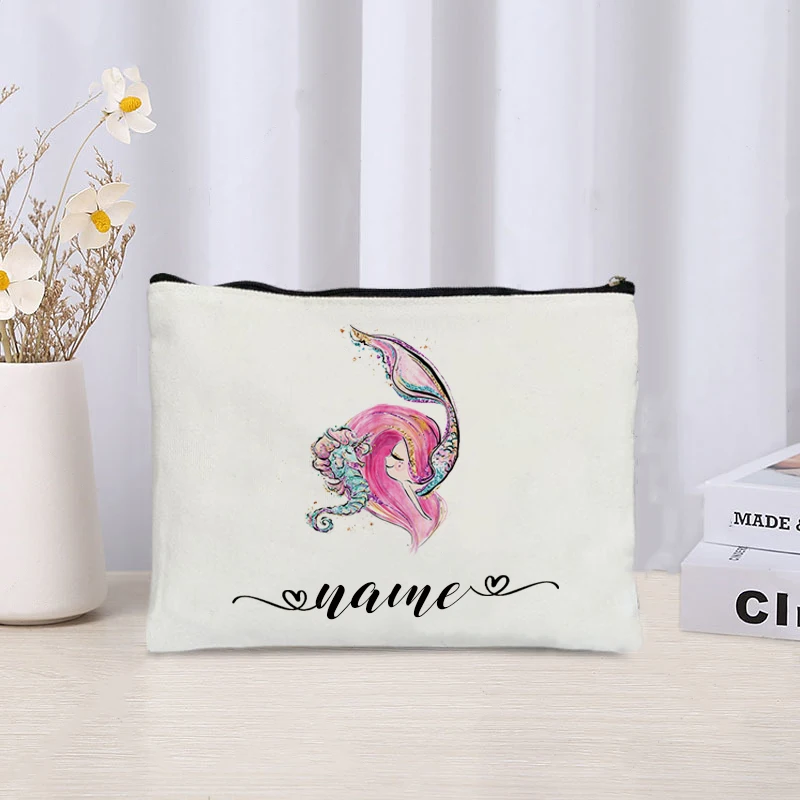 Mermaid Girl Personalized Custom Cosmetic Makeup Bag Bridesmaid Friends Bag Pencil Case Toiletry Travel Organizer Christmas Gift