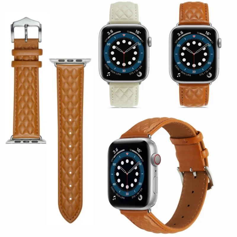 Applicable To Iwatch 8 Small Fragrant Rhombus Pattern Smart Wristband Female Genuine Leather Apple Watch Strap Watch Band