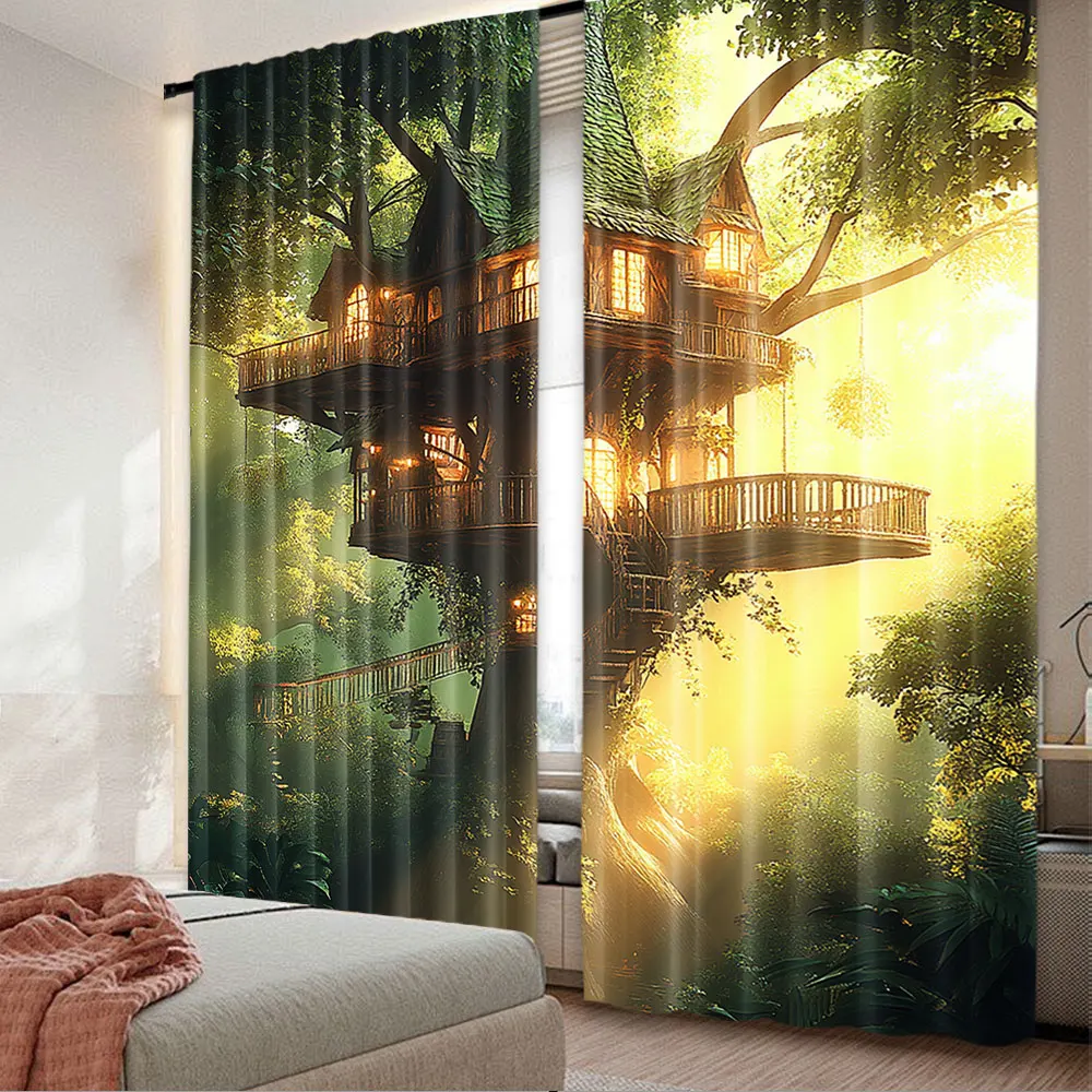 2Pcs Tree House Curtains Wooden House In Fairy Tale Forest Landscape Curtain Suitable For Living Room Bedroom Hotel A