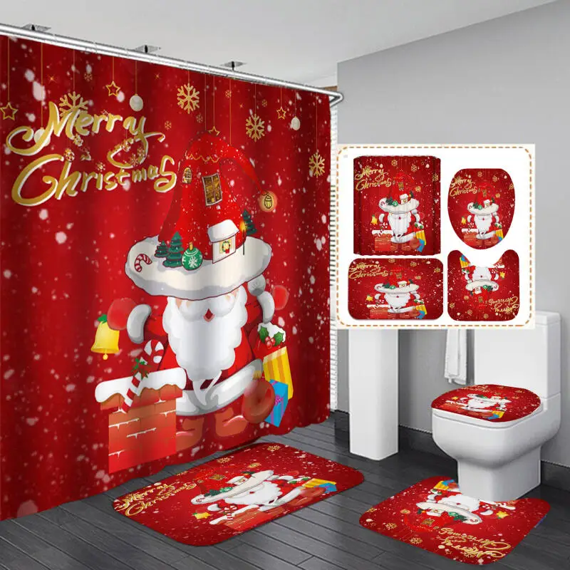 

4-piece Christmas Shower Curtain Set - modern housewarming gift - includes a shower curtain, toilet mat, U-shaped mat, fl