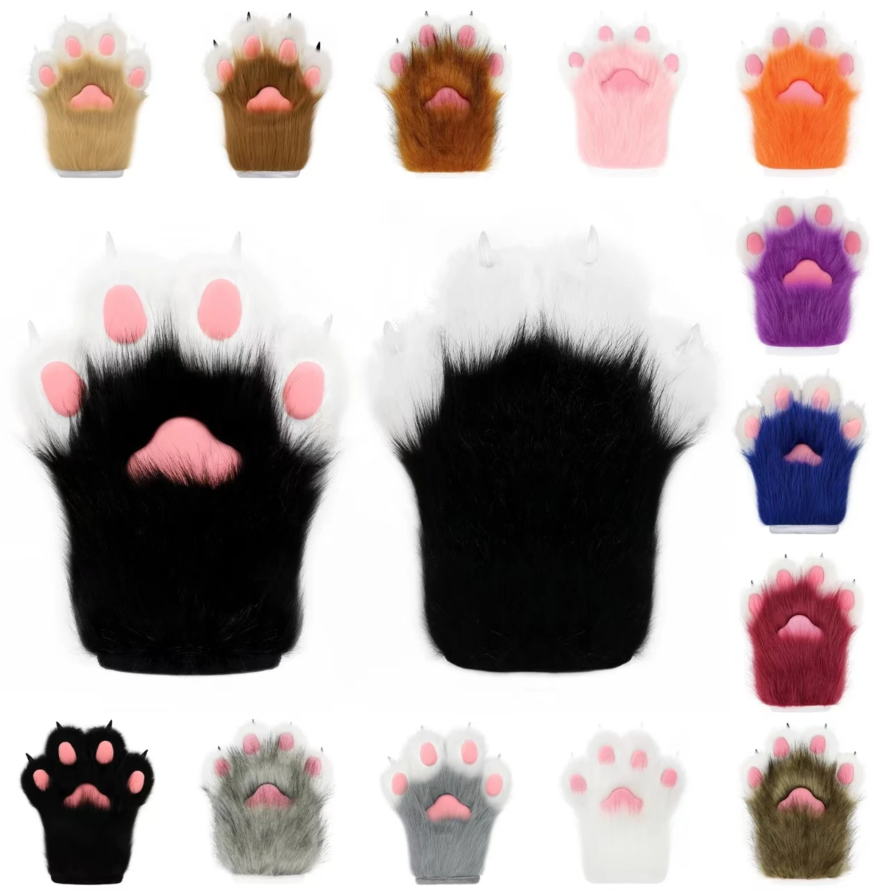 Faux Fur Plush Furry Cat Claw Gloves Fursuit Animal Fox Paws Mittens Halloween Cosplay Costume Accessories