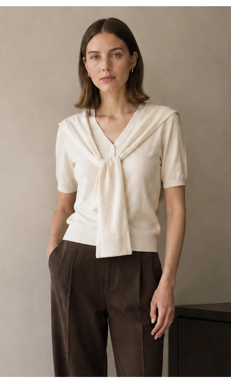MZ62082 Damen-Strickjacke mit Schalkragen, kurzen Ärmeln, V-Ausschnitt, weicher, einfarbiger Modal-Mischstoff, lässiger Pullover für den frühen Herbst – Detail 3