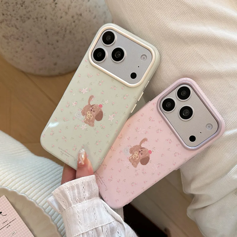 Floral Puppy Pattern Double Layer Soft TPU Shockproof Anti-drop Anti-fingerprint Phone Case for iPhone 17 16 15 14 Pro Max