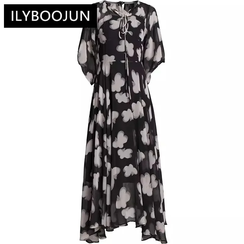 

ILYBOOJUN Women's Casual Holiday Dress Summer Half Sleeved Round Neck Lace-Up Floral Print High Waiste New In Dresses plus size