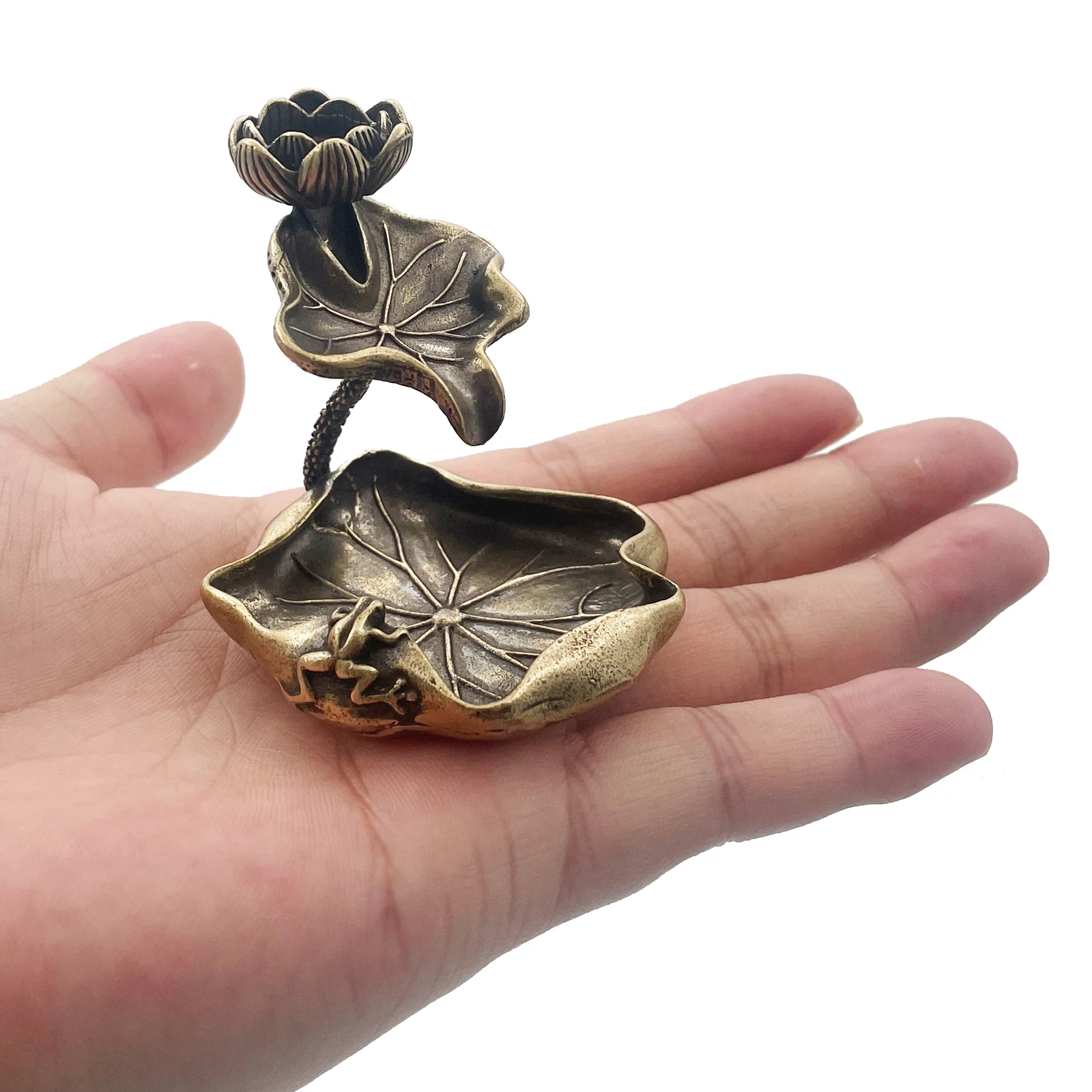 Antique Brass Lotus Leaf Backflow Incense Burner Decorations Solid Pure Copper Frog Lotus Pond Censer Holder Ornaments Tea Pets
