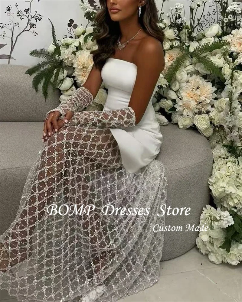 BOMP White Wedding Dresses Strapless Lace Skirt Dubai Arabic Women bride Gowns Grid Fabic Formal Evening Dress Customized