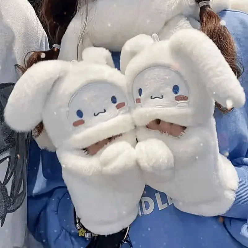 Cartoon Cinnamoroll Plush Gloves Sanrio Winter Flip Fingerless Half-Fingered Gloves Soft Thicken Hanging Neck Girl Student Gift