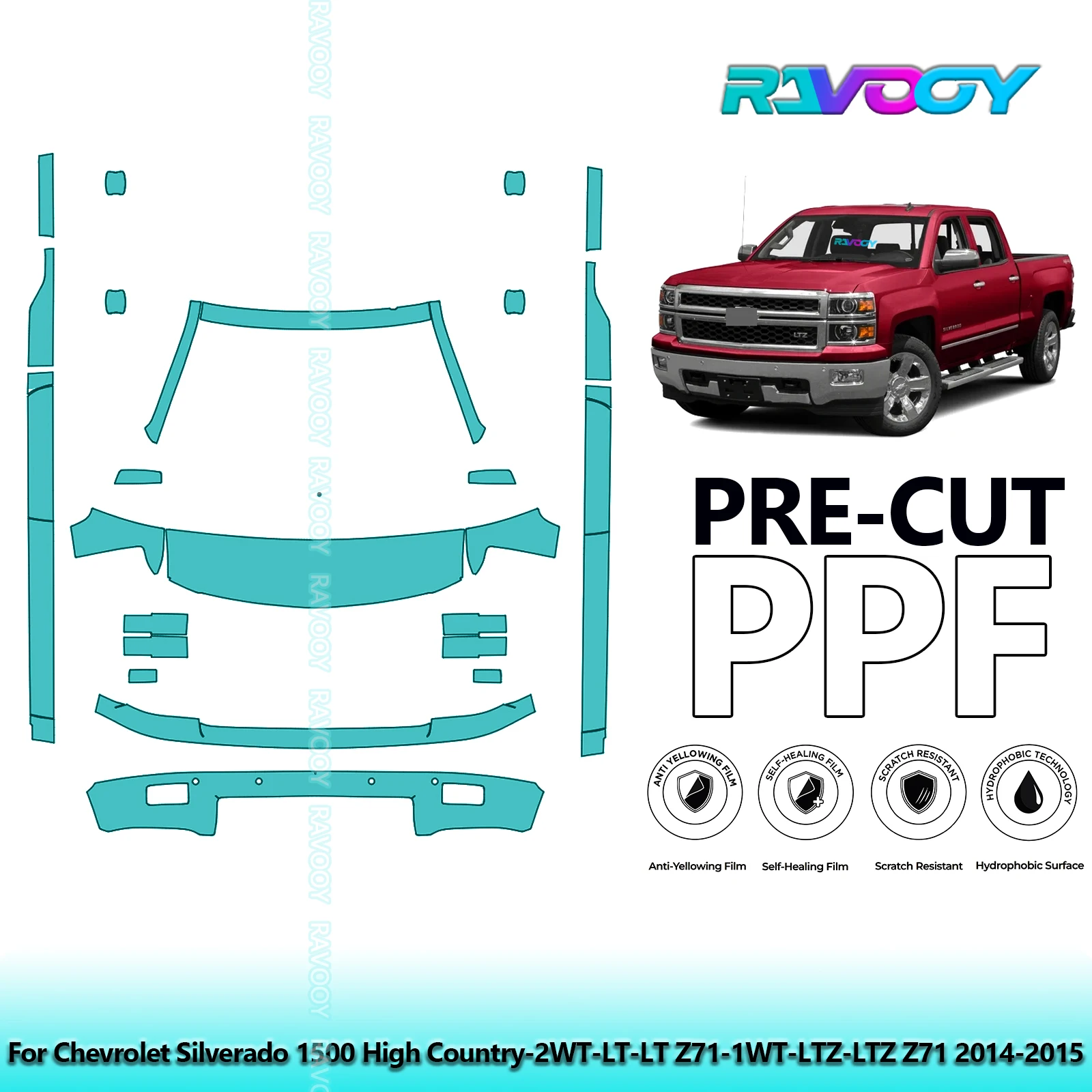 

Предварительно вырезанная защитная пленка для краски, 8,5 мил, прозрачный передний комплект бюстгальтера PPF + брюки для Chevrolet Silverado 1500 LT Z71-LTZ-LTZ Z71 2014-2015