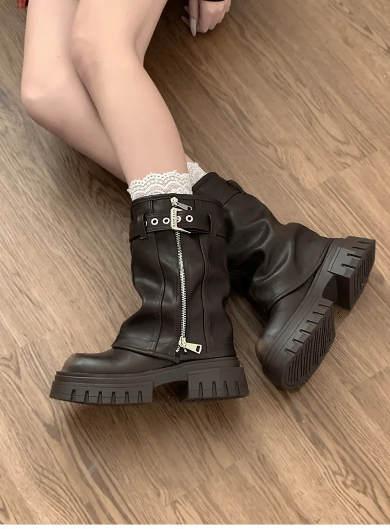 Winter Damen Biker Stiefel Mode Gürtelschnalle Elegante Plateau Flache Kurze Stiefeletten Lässige Damen Ritterstiefeletten – Detail 11
