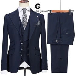 Cenne Des Graoom Dark Blue Pinstripe 3 Piece Classic Men Suits Blazer Vest Pants Peak Lapel Formal Business Prom Wedding Dress