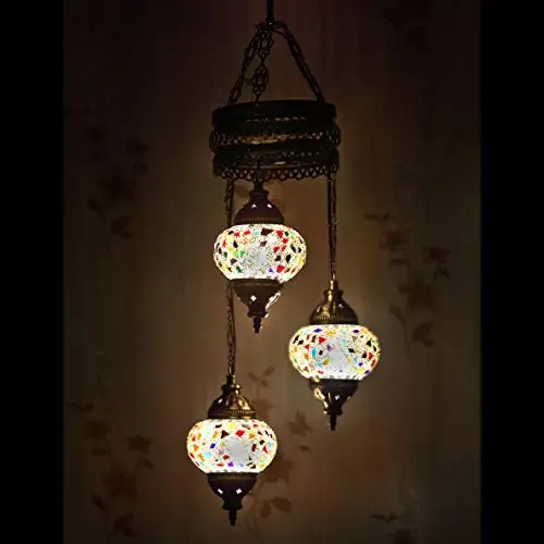 LaModaHome 35 + Unique Colors, 2020 Customizable Chandelier 3 Globes + Free 3 Bulbs, stunning Mosaic Turkish Lamp Moroccan Light