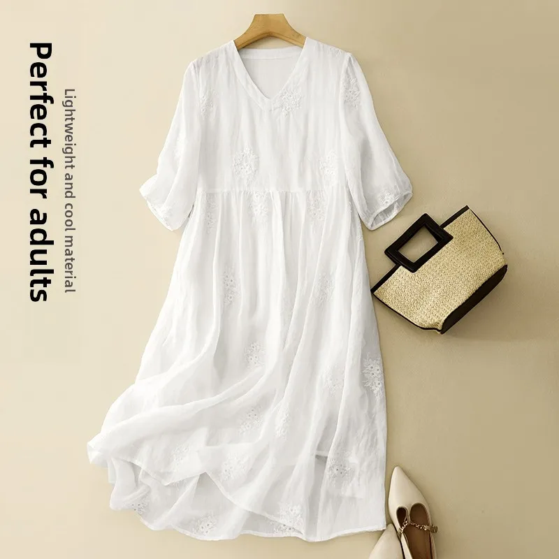 Verão novo v-ne bordado linho dupla camada longa dr lanterna sve emagrecimento a linha saia de cintura alta commute sle