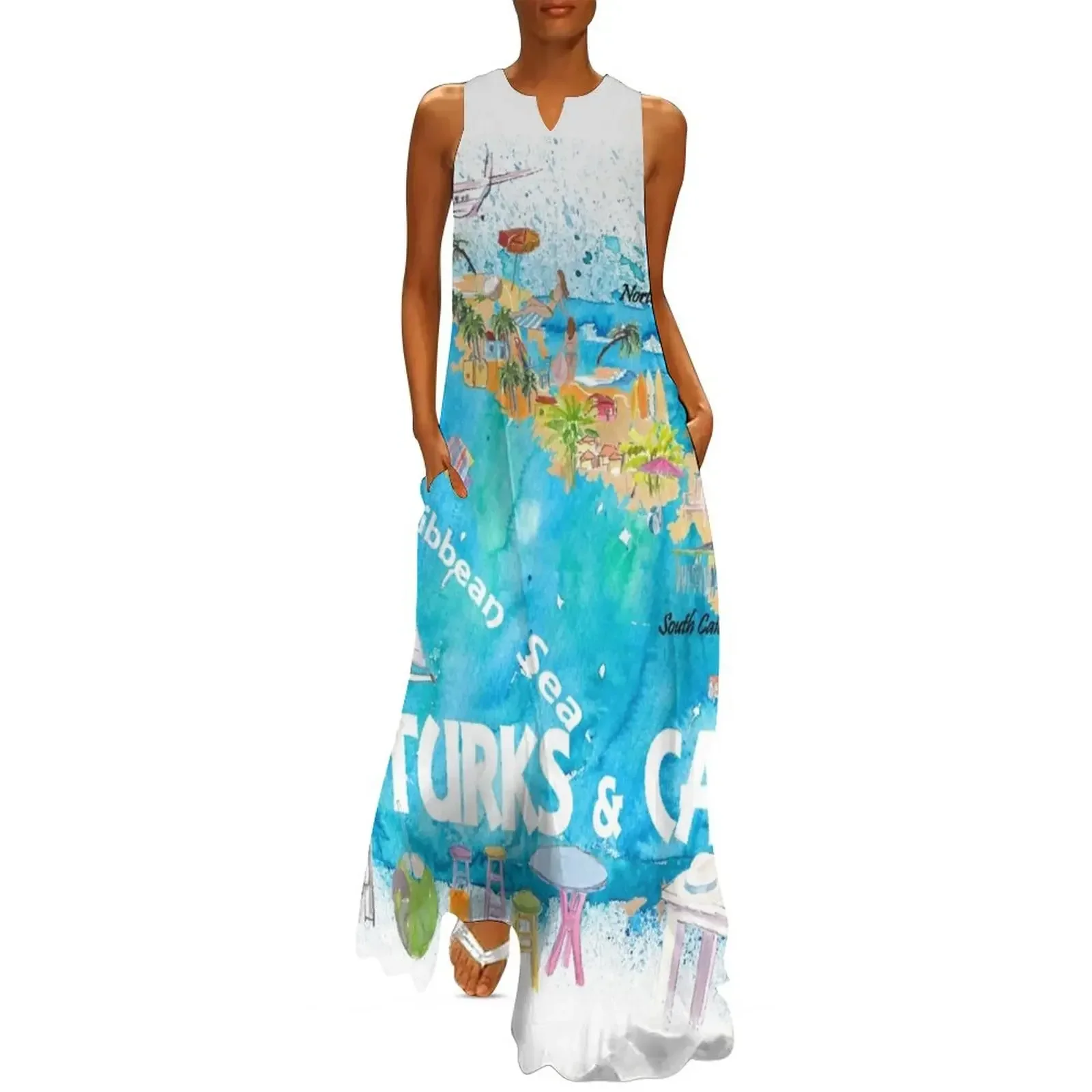 

Turks & Caicos Antilles Illustrated Travel Map with Roads and Highlights Long Dress Women's dresses Dress