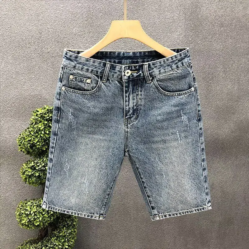 

Summer Thin Men's Slim Fit Denim orts Trendy Korean Sle Five-Point Pants Elastic Casual Summer Wear Straight Leg Jeans