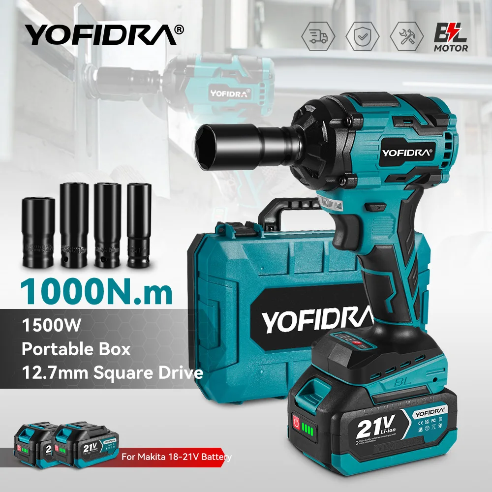 YOFIDRA 1000N.m Brushless Electric Impact Wrench 3 Gears 1/2 inch Cordless Electric Screwdriver Drill For Makita 21V Battery Pin