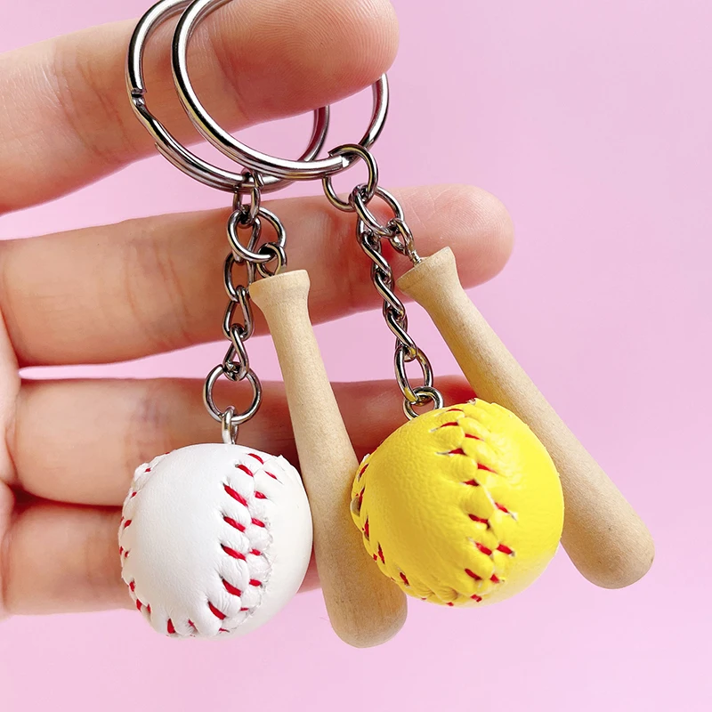 Baseball Keychain Mini Wooden Bat Ball Keyring Keychains For Girls Team Sports Ball Match Games Key Ring Gift