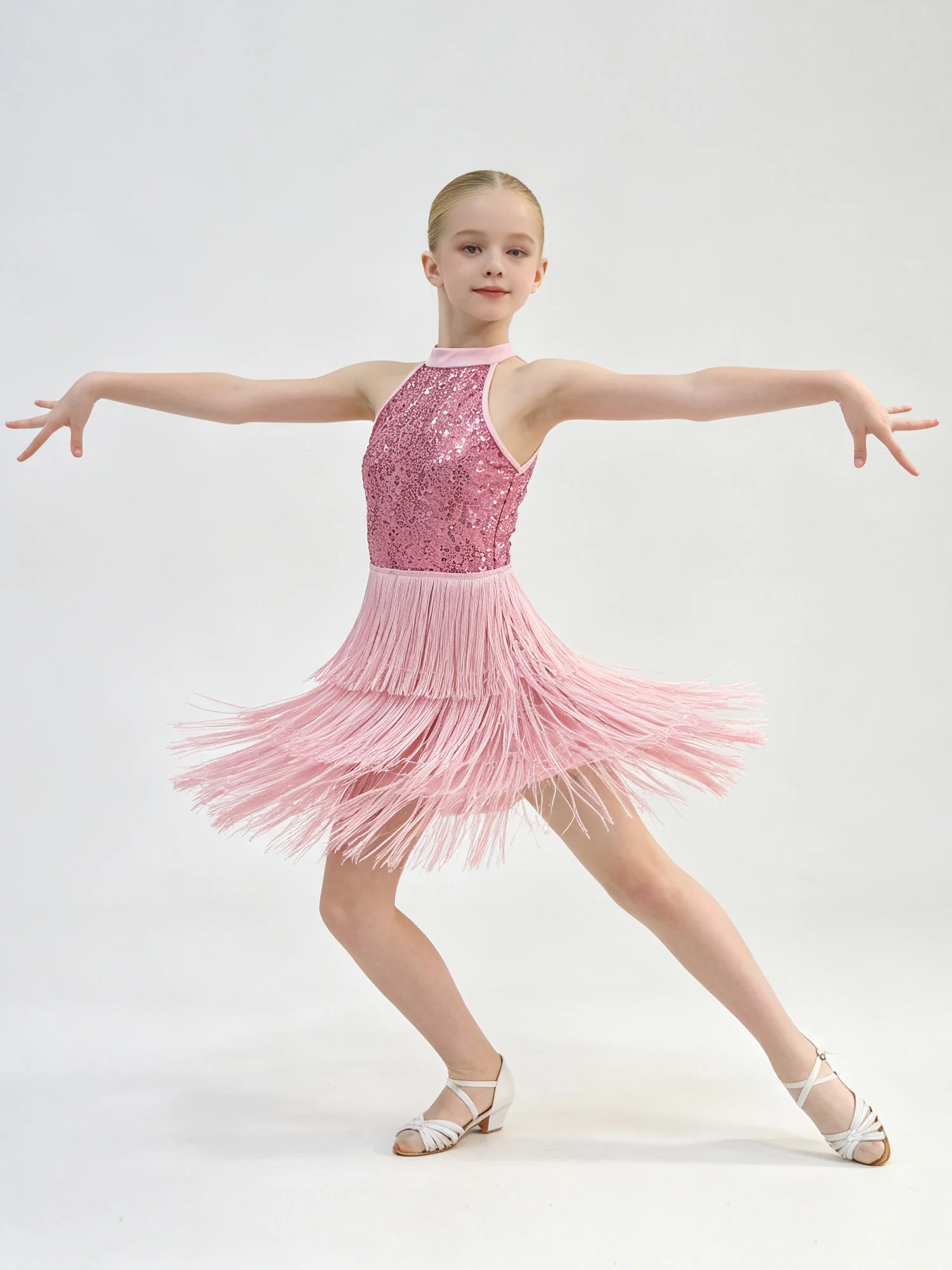 Kids Latin Dance Tassel Dress for Girls Fringed Dresses Salsa Outfit Tango Halter Sequin Stage Performance Chacha Dancewear