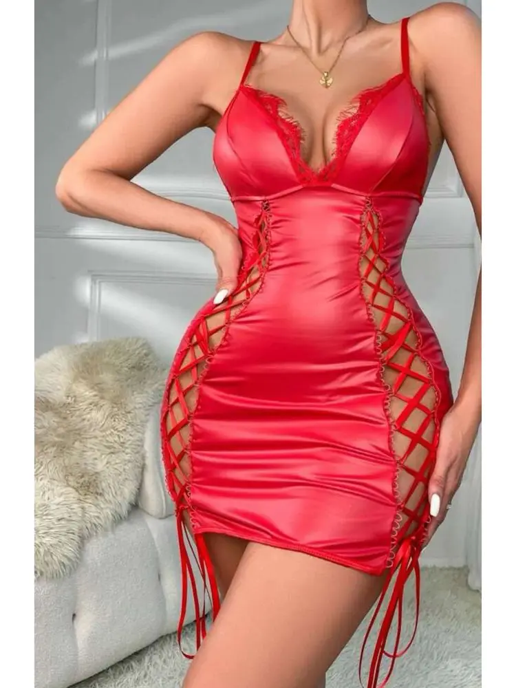 

Sleeveless Deep V-neck Faux PU Leather Vestido Lace Up Bandage Slip Camisole Dress Tight Hot Sexy Package Hip Minifalda Clubwear