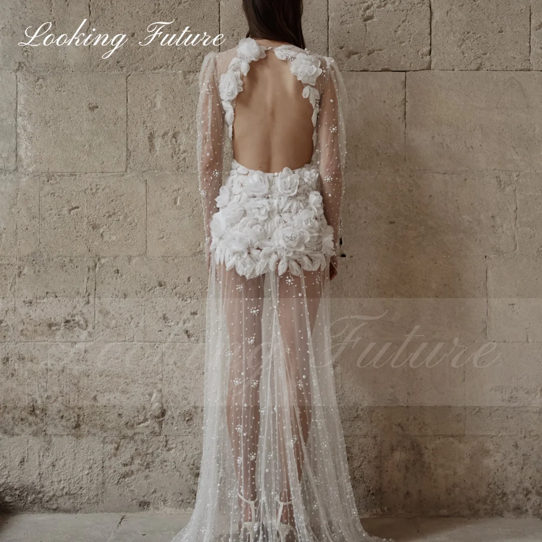 Long Wedding Dresses Syrapless Full Sleeves Pearls Flowers White Bride Dresses Sexy Backless Illusion Formal Gowns Customized