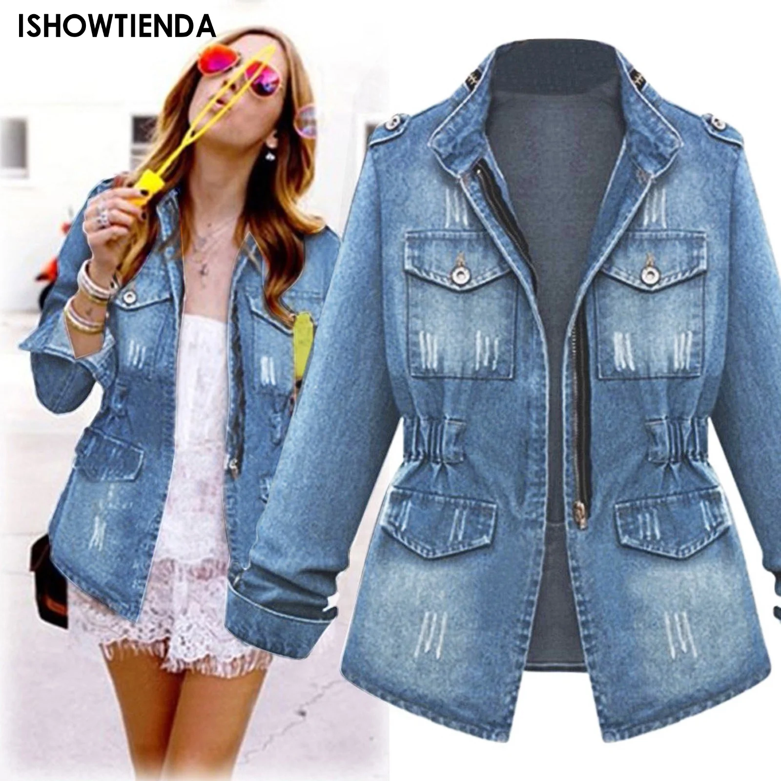 Denim Jacket Womens Casual Solid Casual Oversize Autumn Ladies Slim Jeans Chain Jacket Pocket Coat 2023 Plus Size