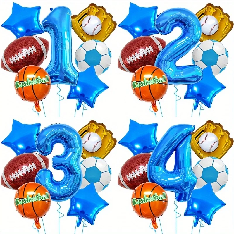 9pcs Boys Football Baseball Helium Balloons Birthday Party Decoration Children's Gifts 32inch Blue Blue Red Digit Number Balloon