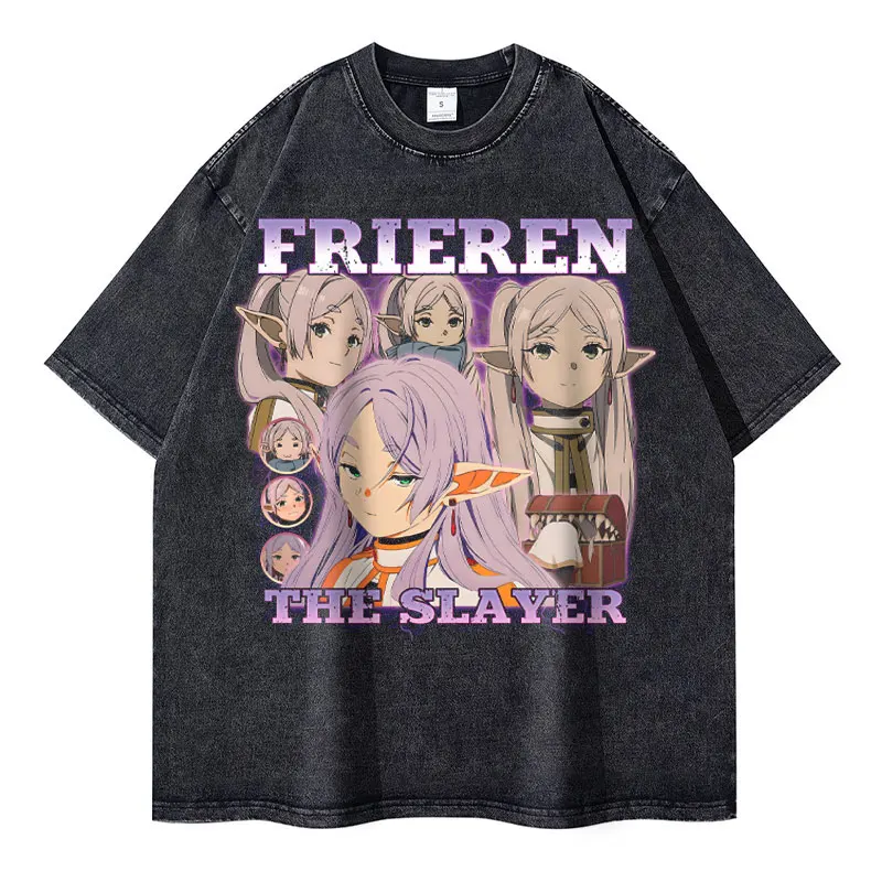 Anime Frieren at the Funeral T Shirt Vintage Washed Sousou no Frieren T-shirts Streetwear Manga Short Sleeve Tops Tees Men Girl