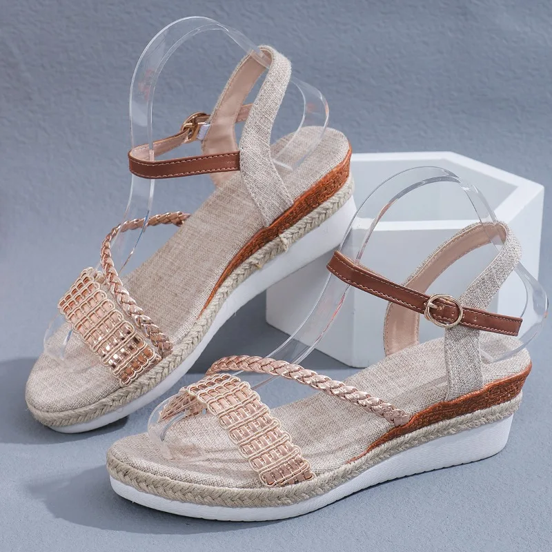 Sandalias de suela gruesa de cuña para mujer, sandalias de plataforma con correa de hebilla de una línea, de Color sólido, sencillas, a la moda, novedad de verano, 2024