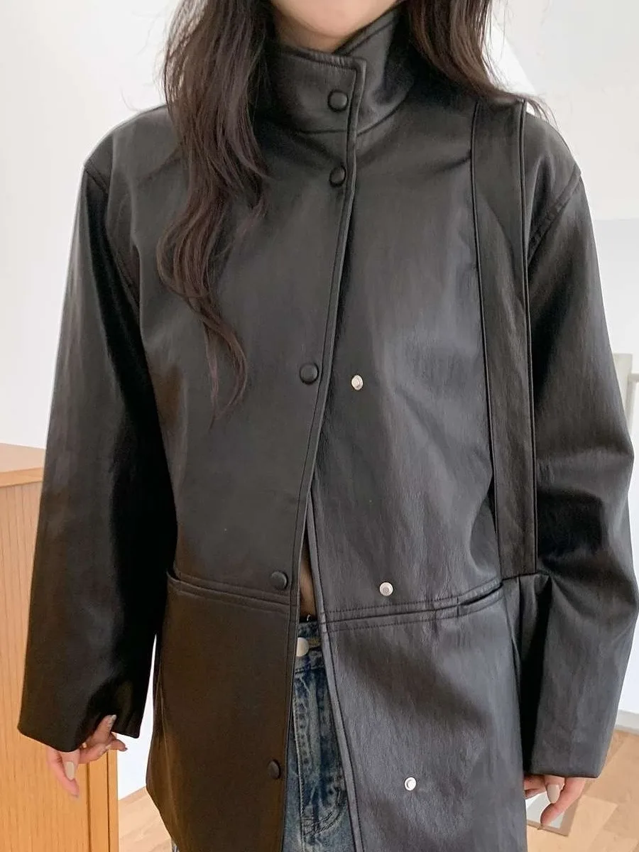 Retro Sle Mujer Biker Jaet PU Abrigo de cuero con cinturón Cintura favorecedora Versátil Largo Sve Faionable Ropa de abrigo