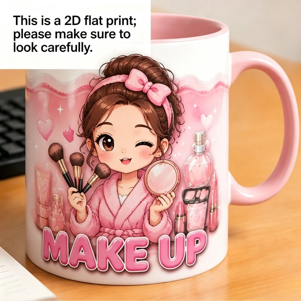 Custom 2D Printed Ceramic Coffee Mug 11oz Cute Girl Pattern Makeup Lover Gift Smooth Surface Shiny Queen Pink Cosmetic Cup for W