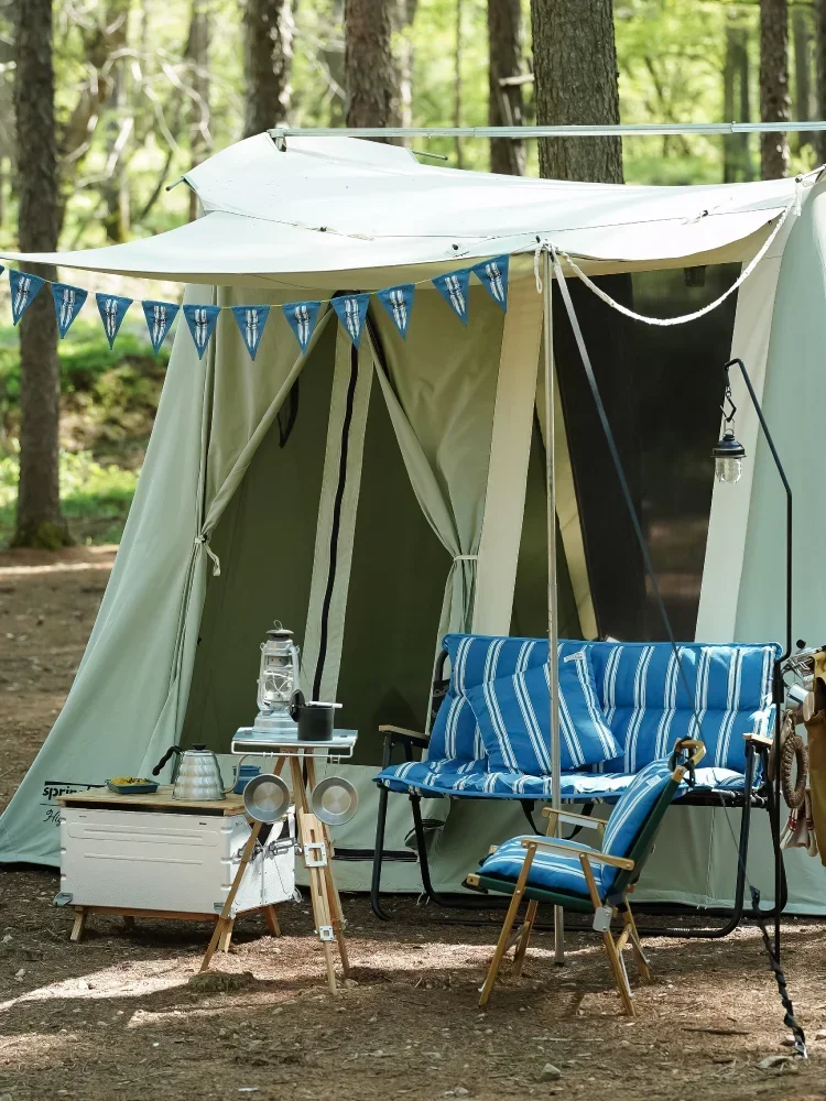 Outdoor camping chair cushion set, double chair camouflage blue and white strip cotton foldable