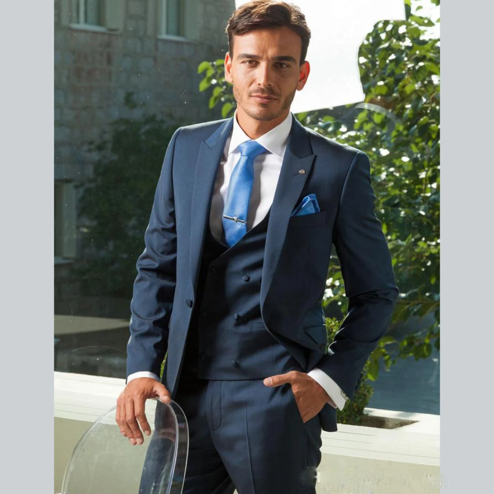 Navy Blue Men Suit Business Slim Fit Set Formal Wedding Grooms Tuxedos Custom Made 3 Pieces Jacket Pants Vest