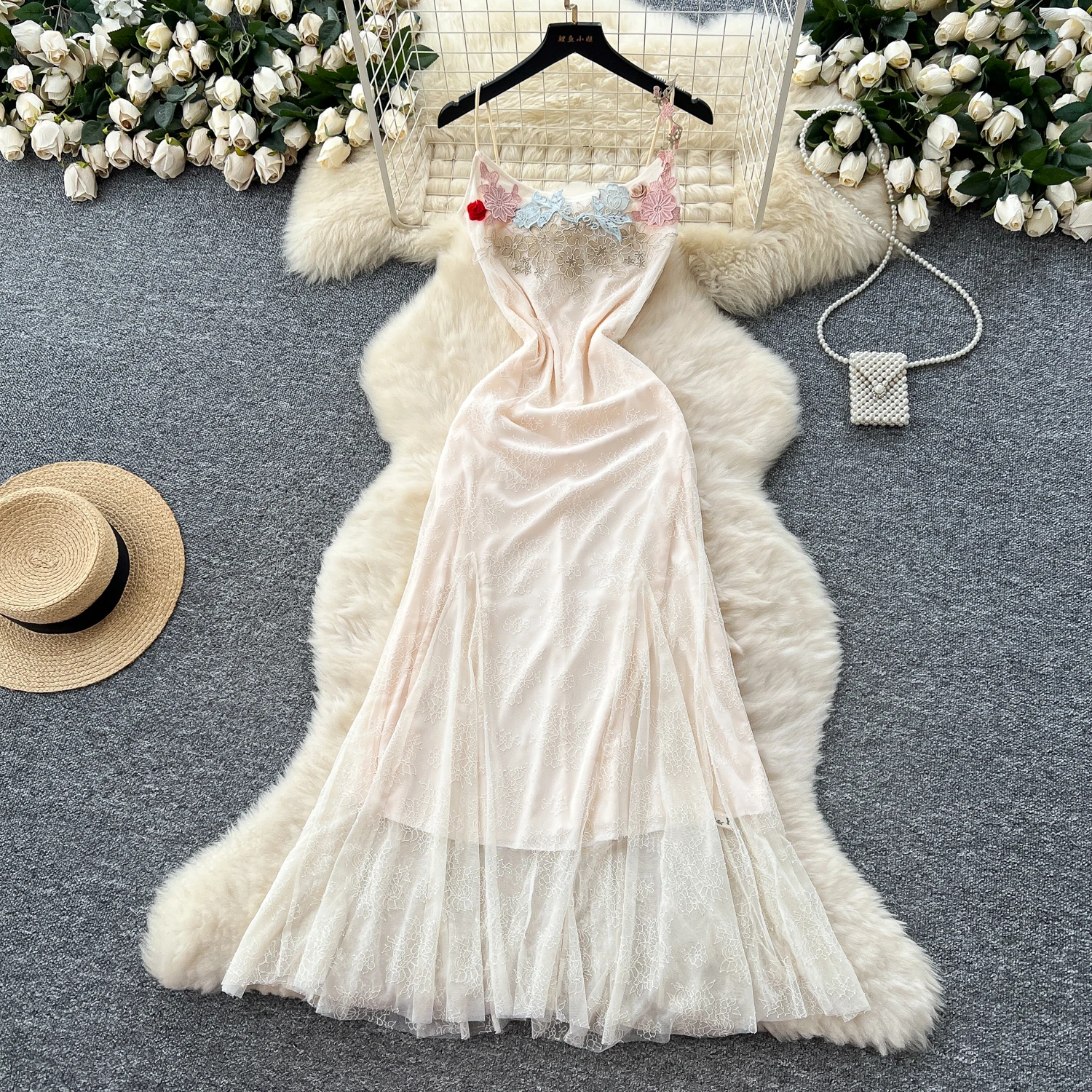 Sexy Embroidered lace Vintage korean fashion Evening A-line dress Beach dresses women clothing
