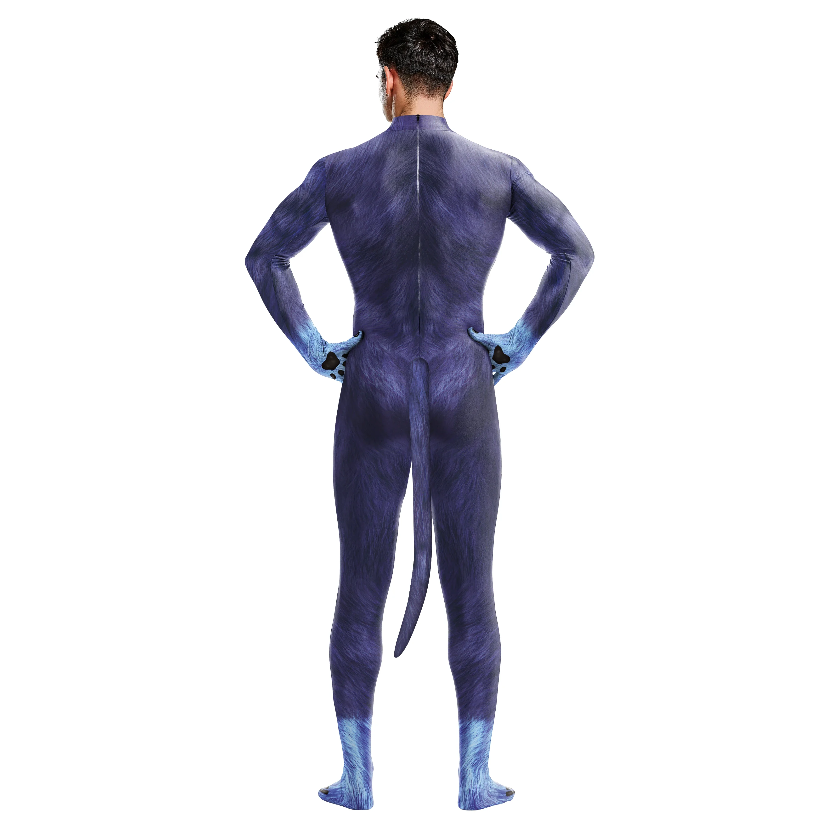 Halloween Cosplay Costume Male Adult Full Cover Elastic Zentai Pet Suit Jumpsuit Print Catsuit Bodysuits with Tail Purim Clothes