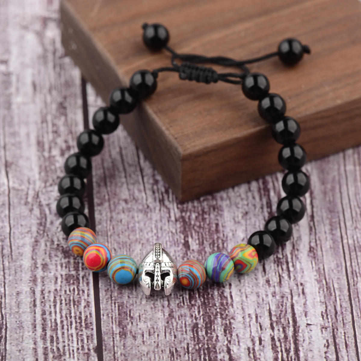Fashion Knight Spartan Warrior Gladiator Helmet Bracelet Charm Bright Obsidian Malachite Men's Adjustable Bracelets Jewelry view 6