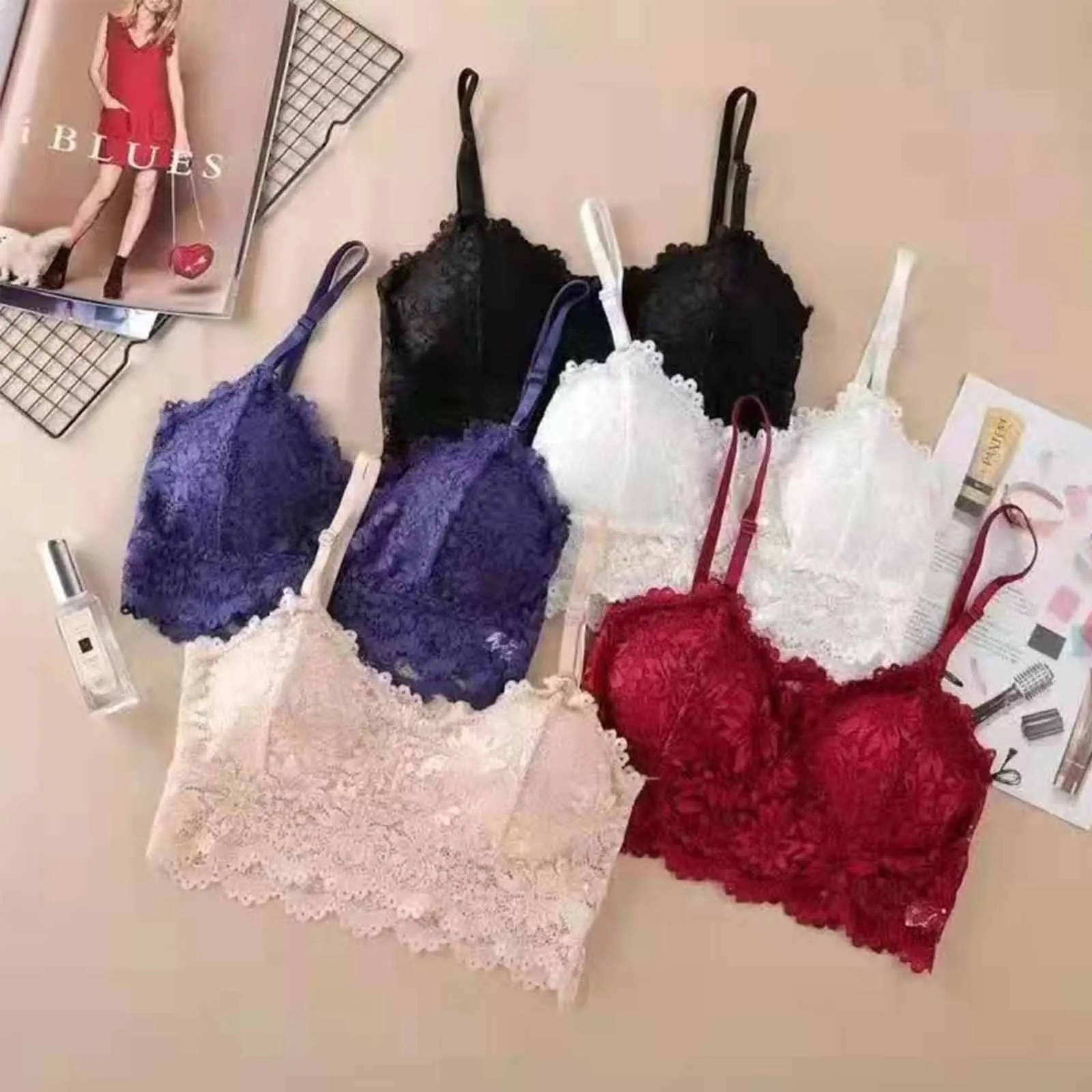 Women Flower Lace Bras Top Comfortable Bralette Solid Color Sexy Underwear Vest Female Hollow Out Wireless Lingerie Seamless Bra