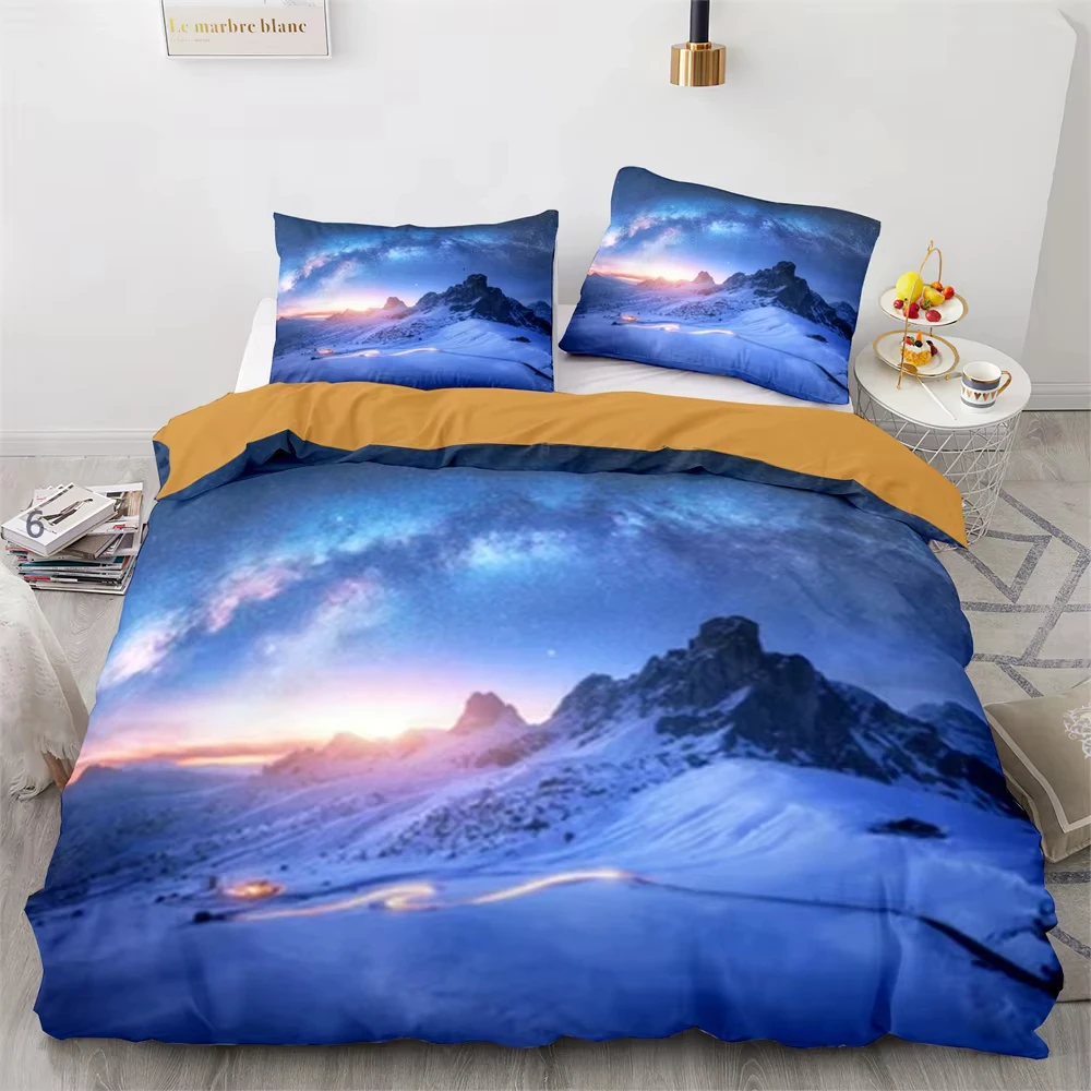 Galaxy Duvet Cover Single Queen Size Snow Mountain Bedding Set Night Starry Sky Nebula Comforter Cover Cosmic Star Quilt Cover